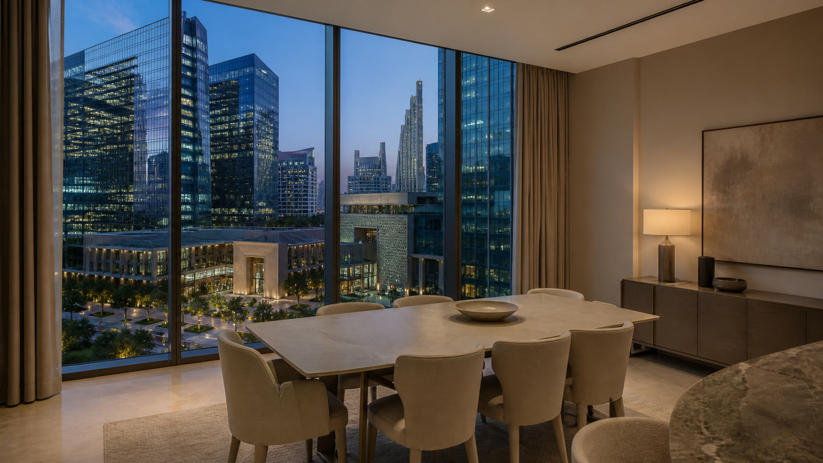 Dining room in a DIFC residence toward Gate Village