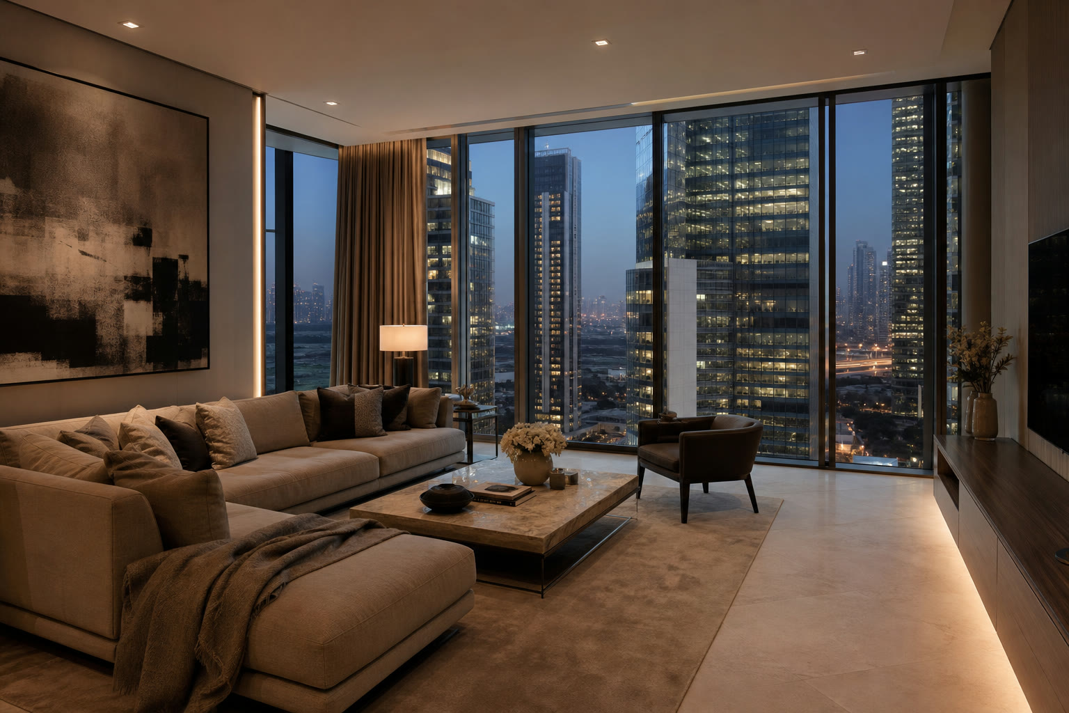 High-floor living room in DIFC looking onto office towers at dusk