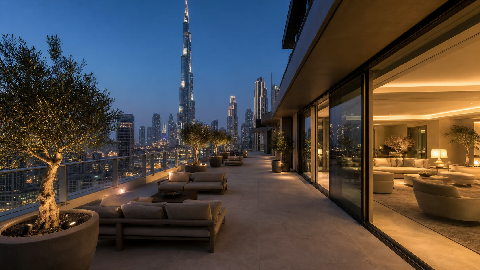 Single-level penthouse terrace in Downtown Dubai at blue hour