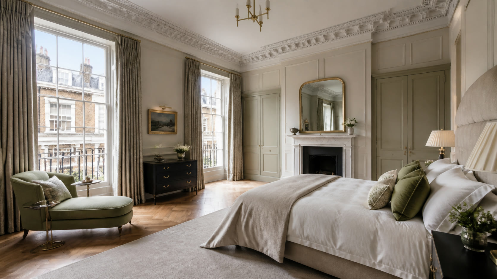Primary bedroom of a Mayfair lateral apartment