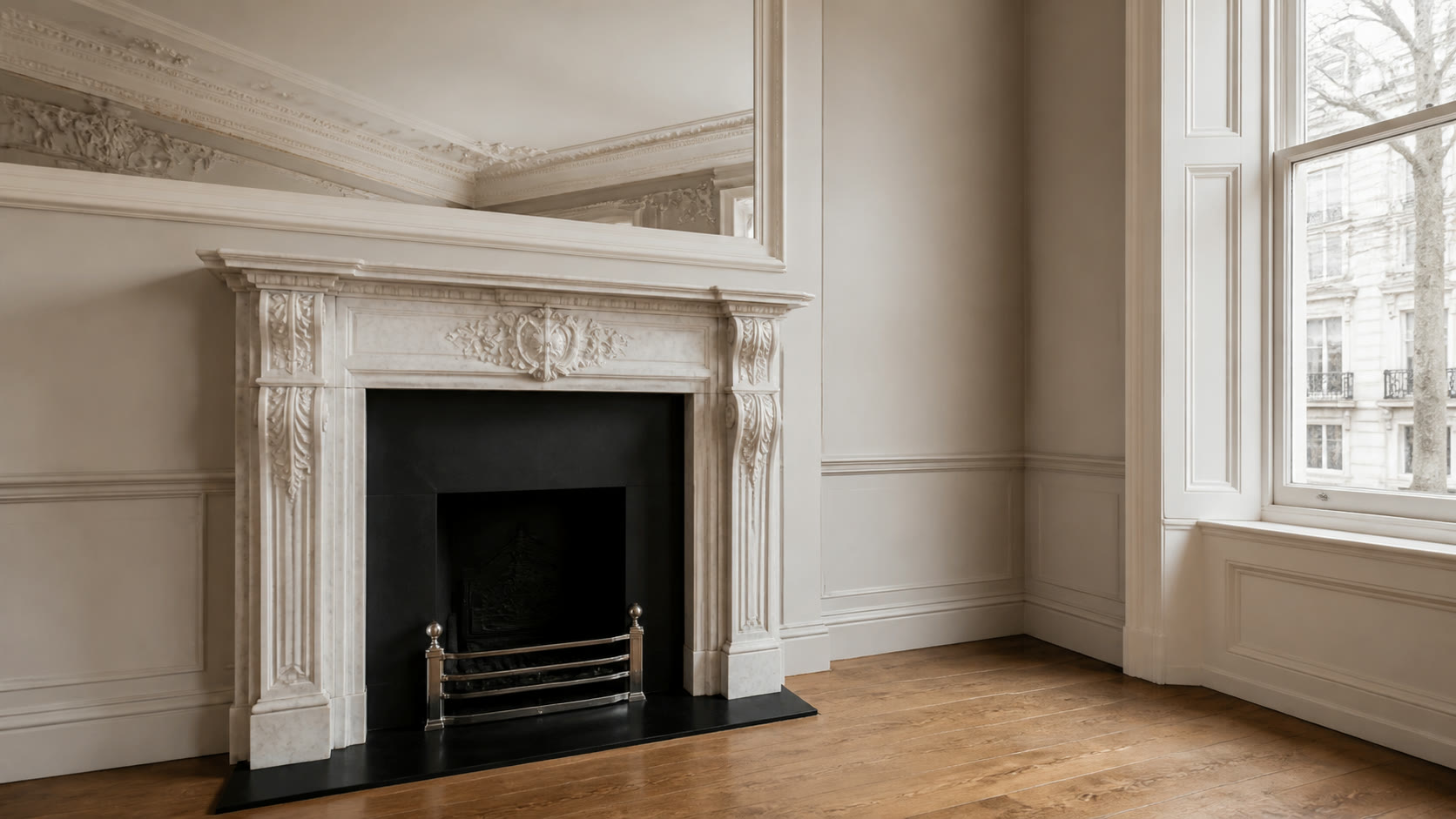 Fireplace and sash joinery in a Mayfair lateral apartment