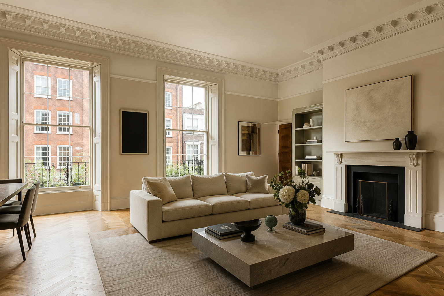 Lateral Mayfair drawing room with tall sash windows and original cornicing