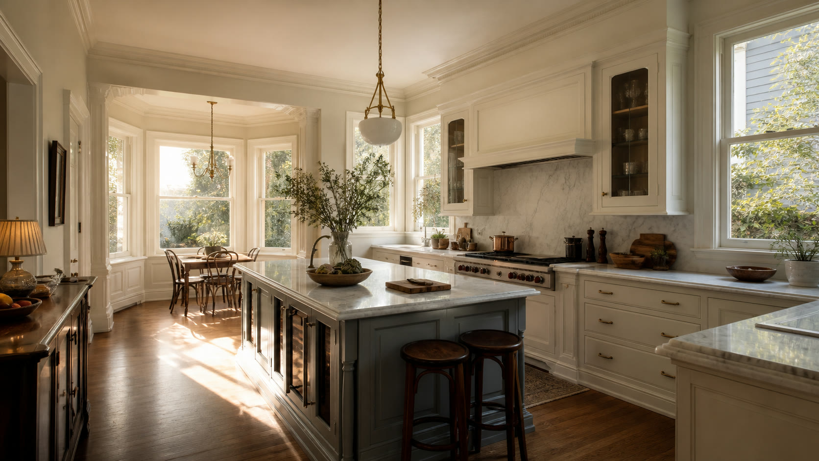 Kitchen of a Pacific Heights Edwardian with bay light