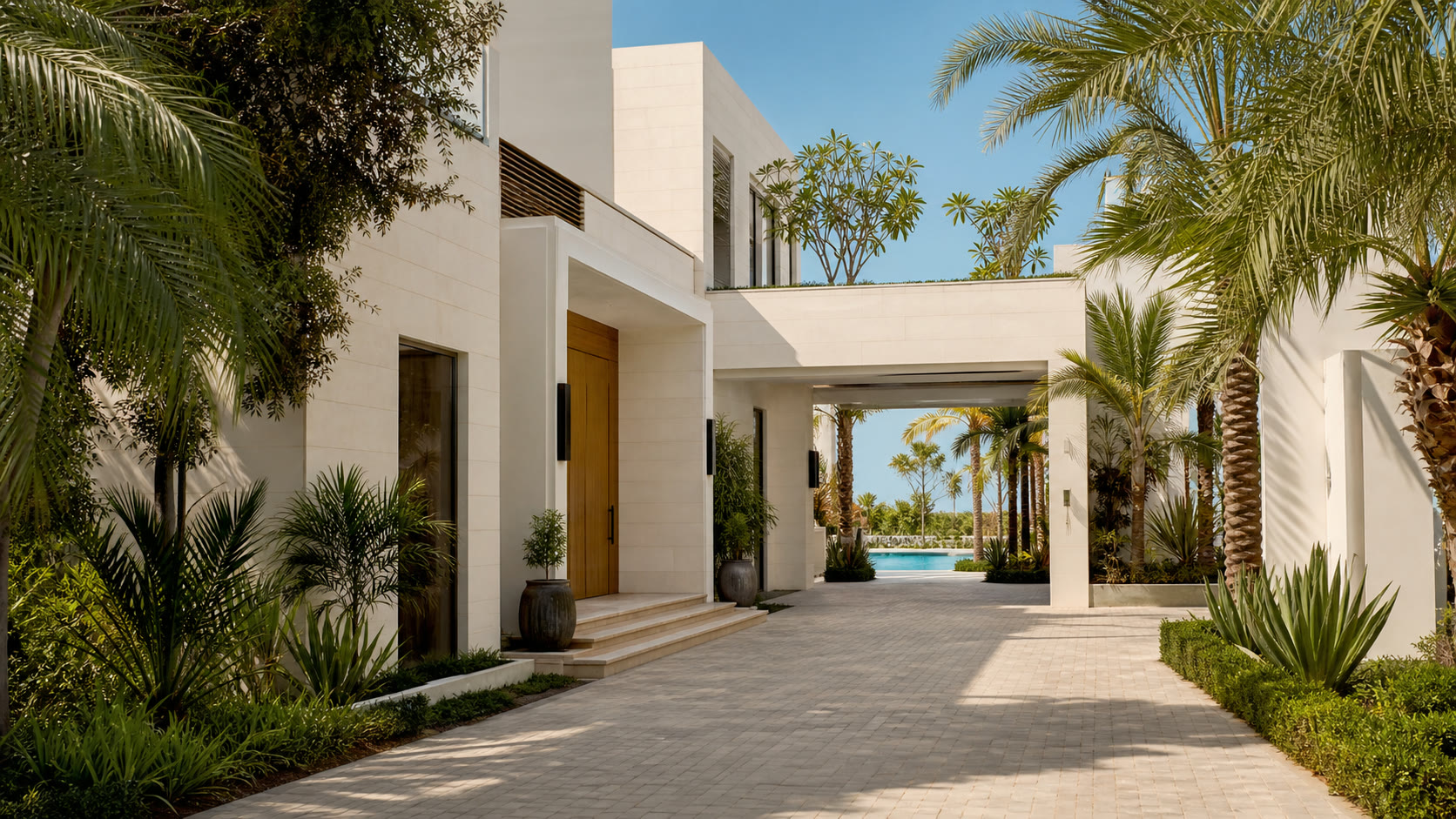 Approach to a rebuilt garden villa on a quieter Palm Jumeirah frond