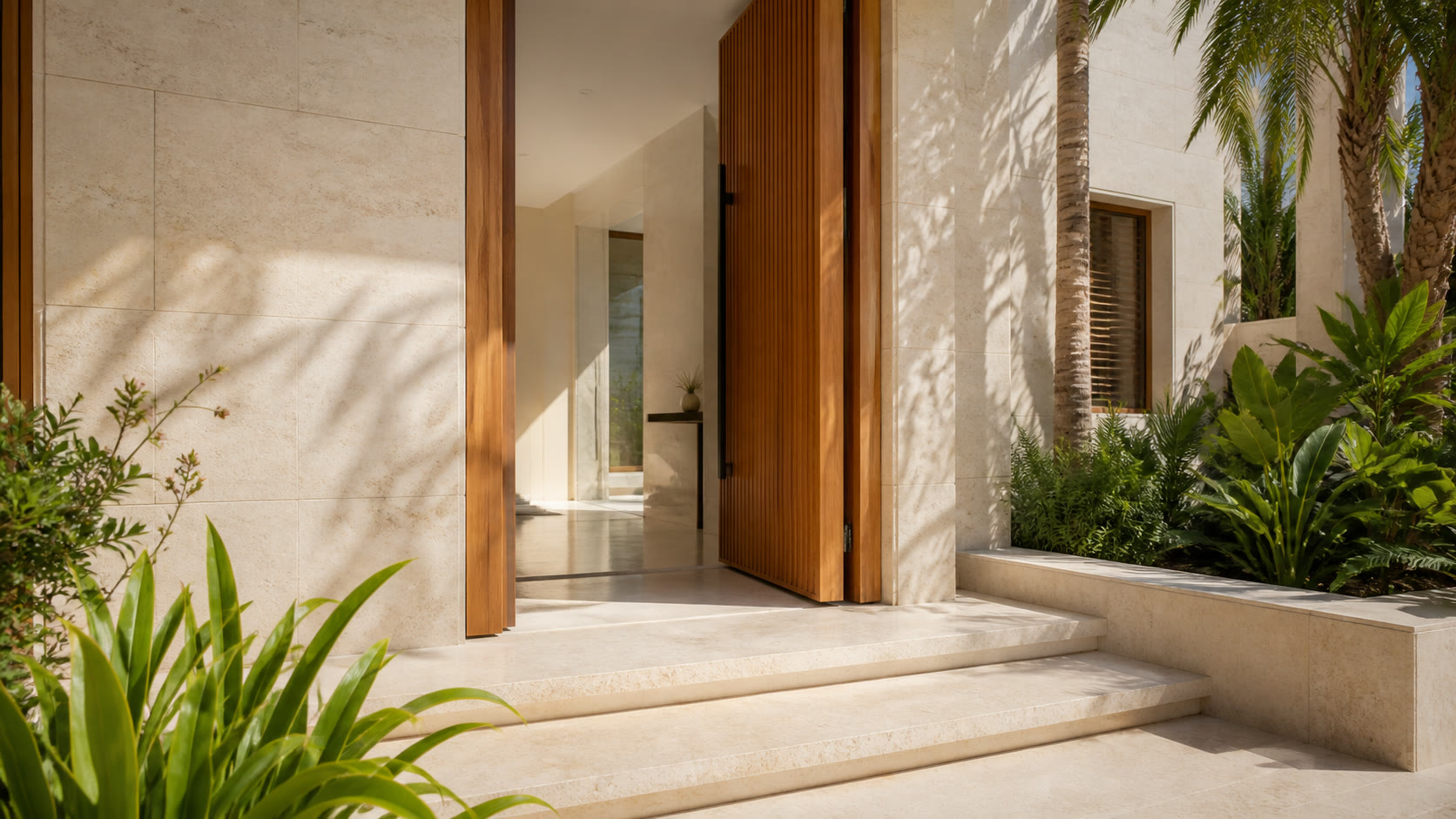 Stone and timber detail in a rebuilt Palm Jumeirah garden villa