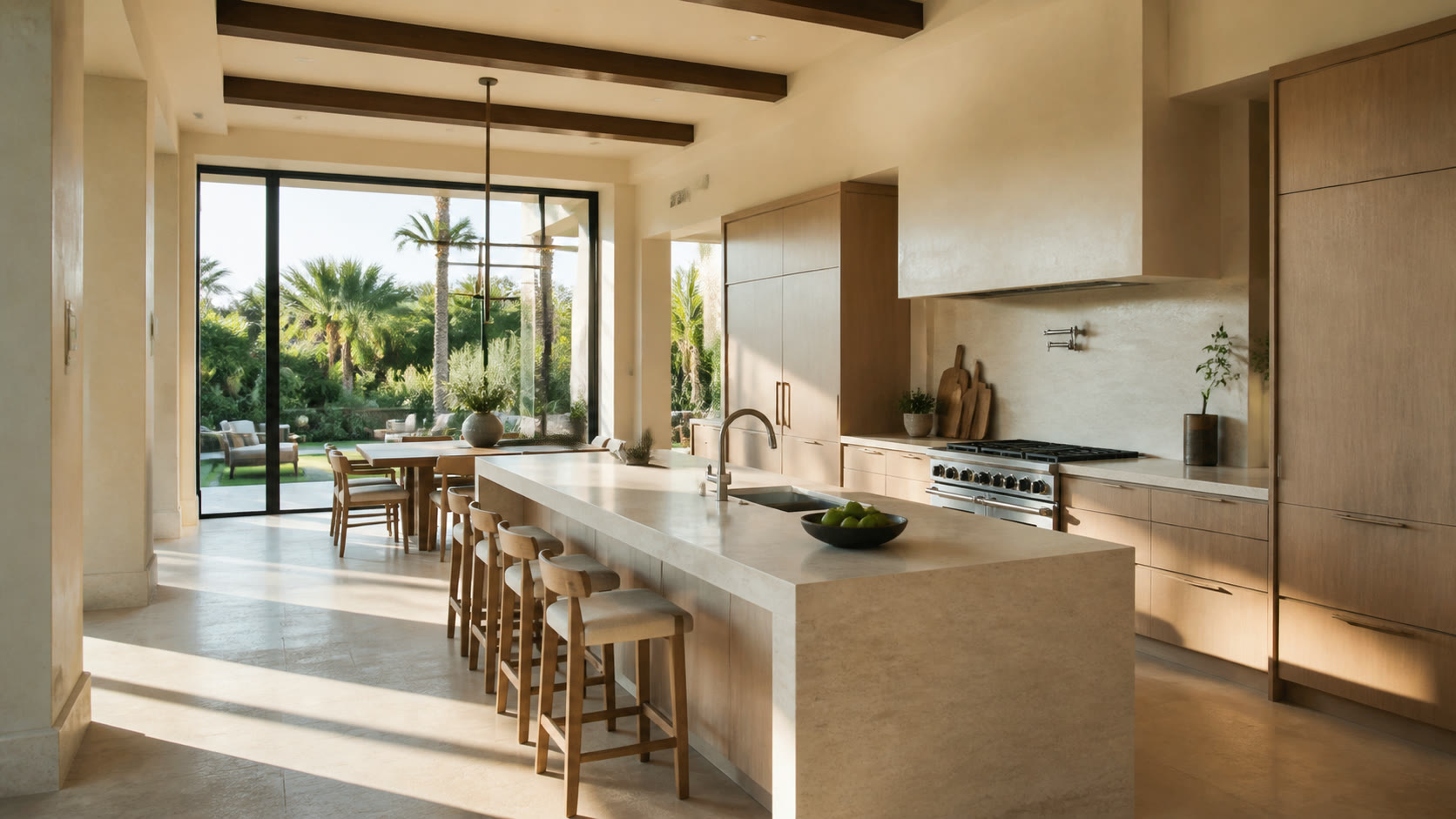 Kitchen of a Palm Jumeirah garden villa opening toward the pool