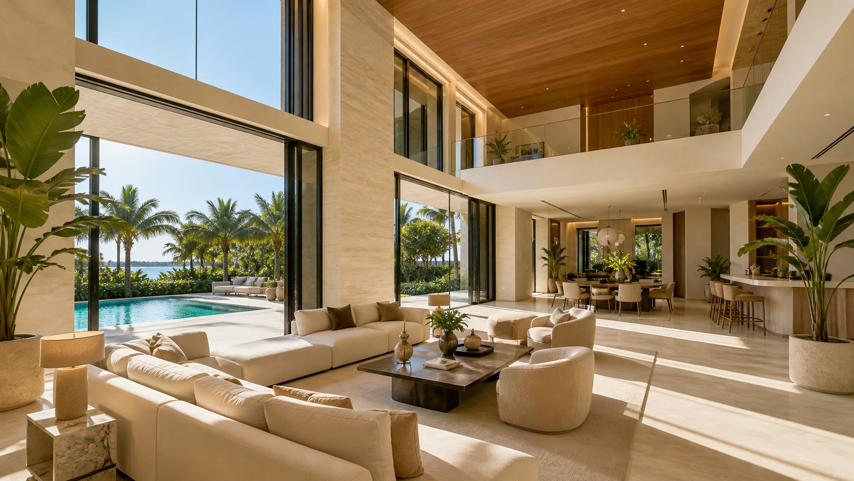 Living room of a rebuilt Palm Jumeirah garden villa in stone and timber