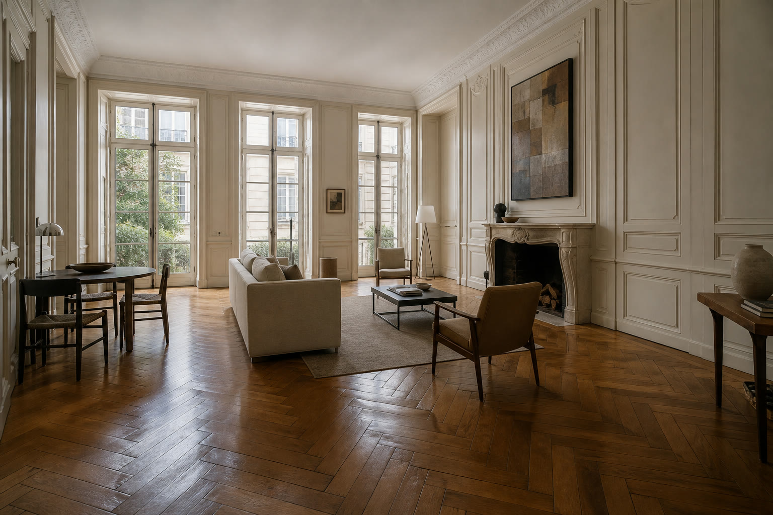 Piano nobile salon with Versailles parquet in an Île Saint-Louis hôtel