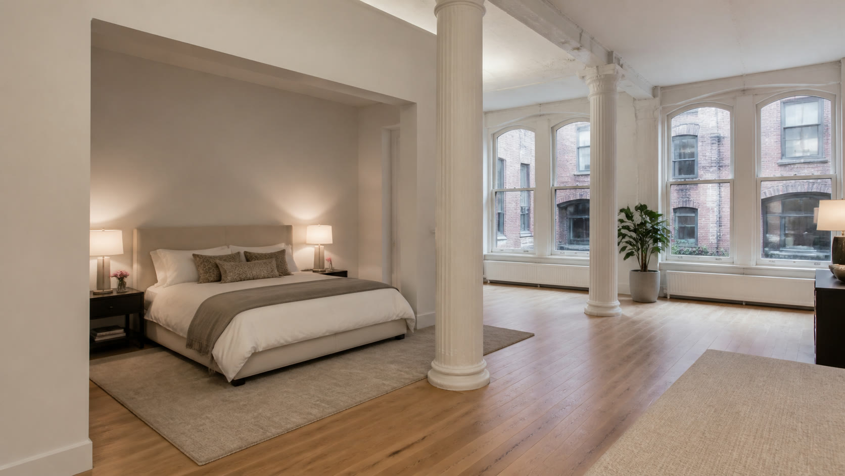 Bedroom in a Tribeca loft with original columns