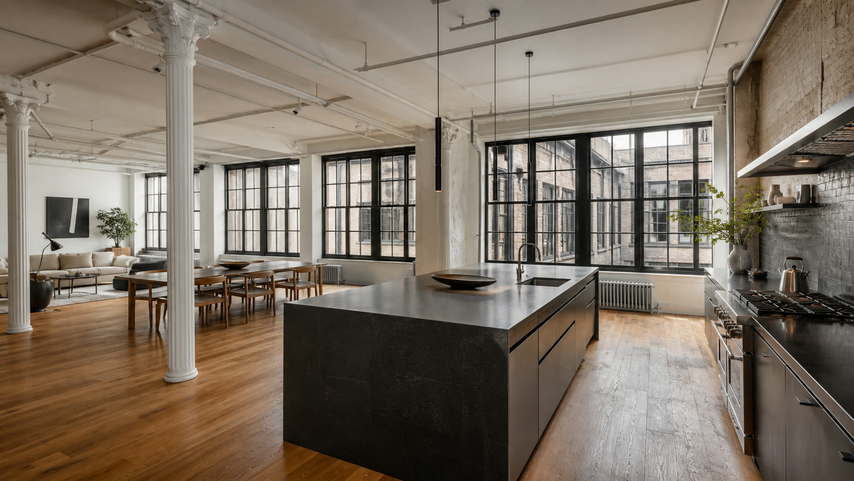 Kitchen of a full-floor Tribeca cast-iron loft