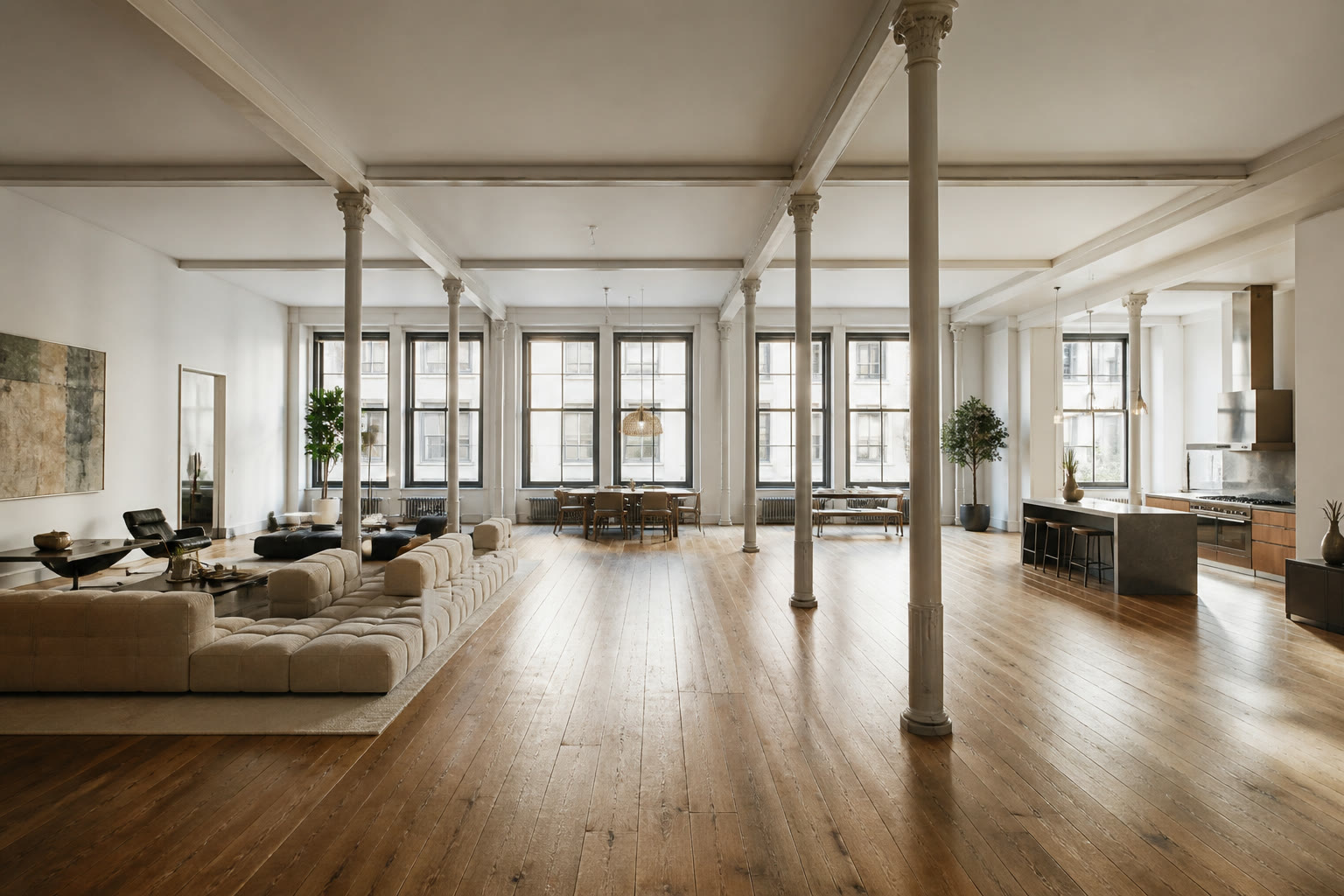 Full-floor Tribeca loft with original columns and courtyard windows